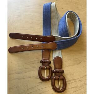 2- Talbots Womens Belt XL Braided Woven Cotton Genuine Leather Buckle Blue Beige